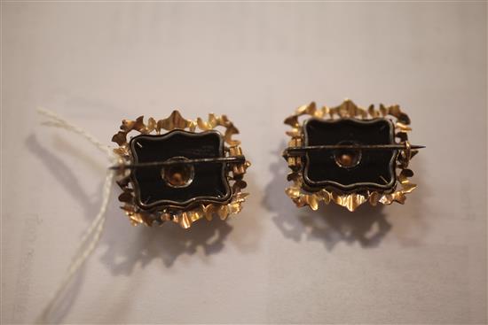 A pair of Victorian gold, rose cut diamond and black onyx brooches, 25mm.
